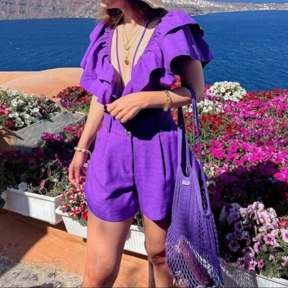 Zara Purple Frill One Piece Plunge Swimsuit Body Suit Swimming Costume S BNWT - Picture 7 of 11